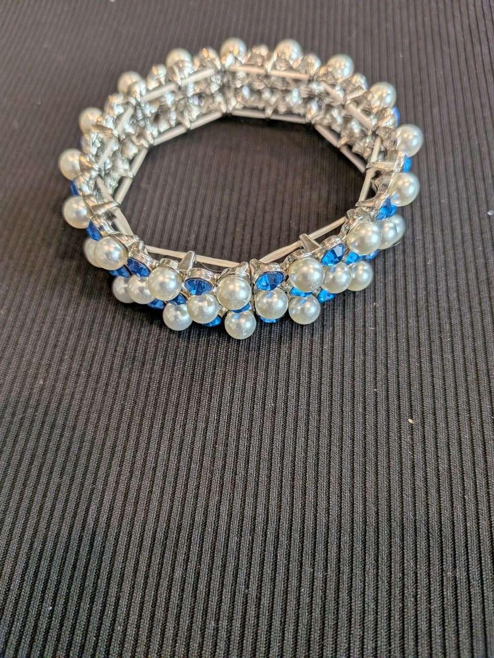 B#4: Faux Pearl and Blue Crystal Stretch Bracelet - Silver Tone